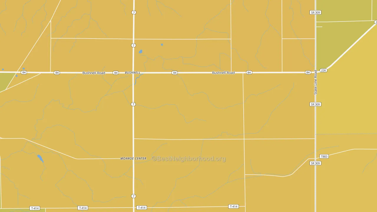 Map of the best neighborhoods in the Bushnell area, with better matches in green and worse matches in red