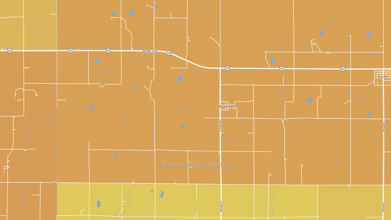 Map of the best neighborhoods in the Bushong area, with better matches in green and worse matches in red