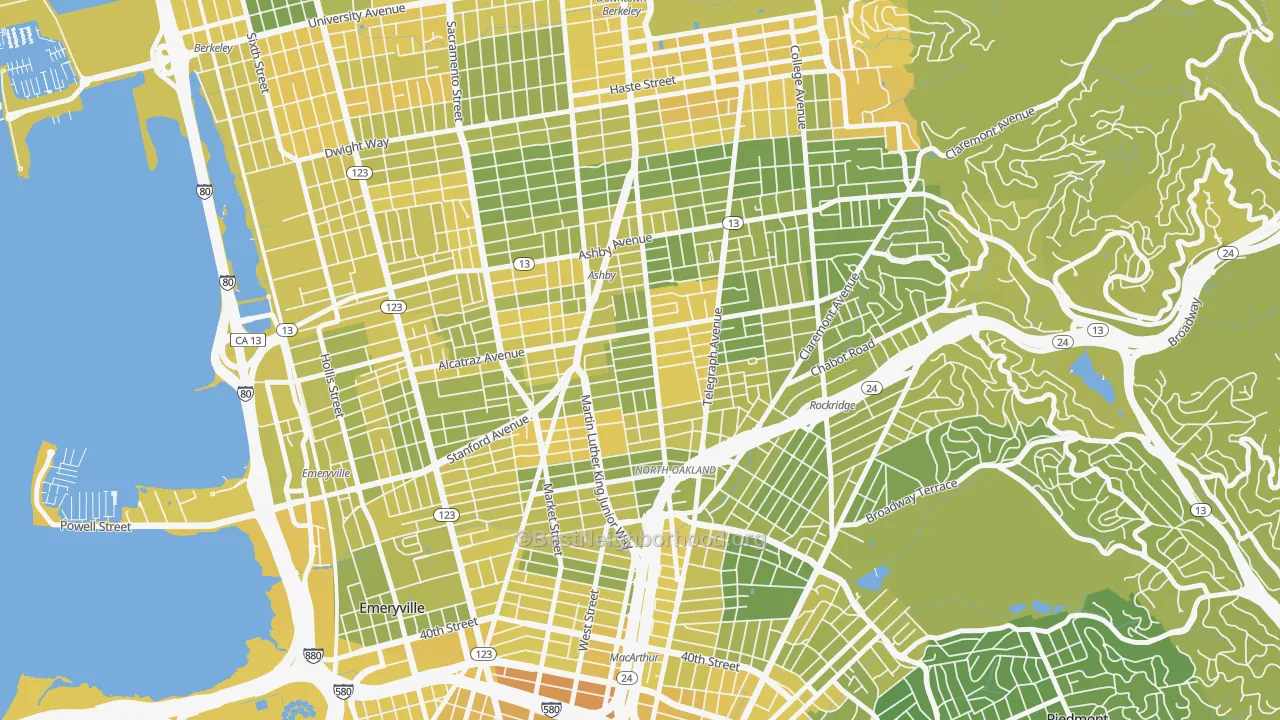 Map of the best neighborhoods in the Bushrod, Oakland area, with better matches in green and worse matches in red