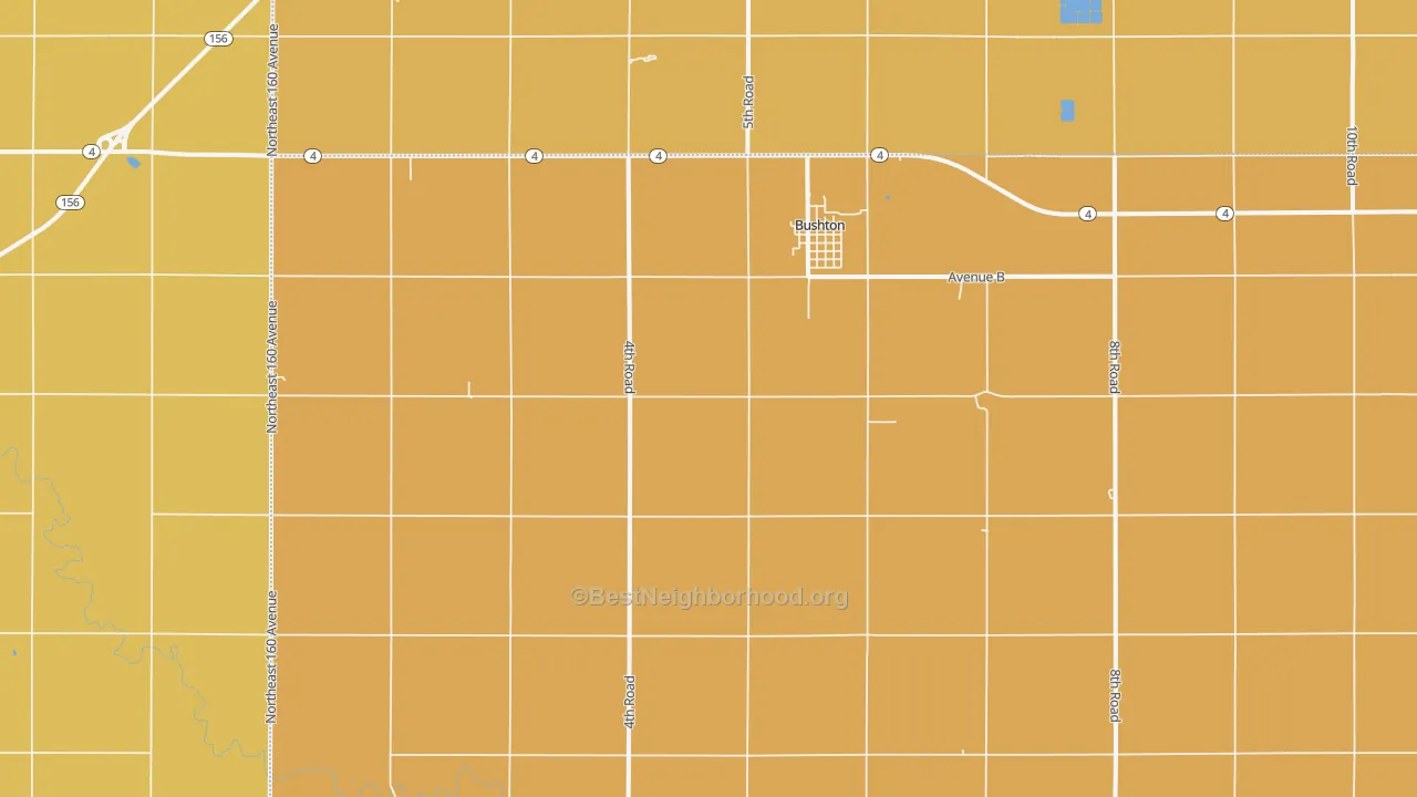 Map of the best neighborhoods in the Bushton area, with better matches in green and worse matches in red