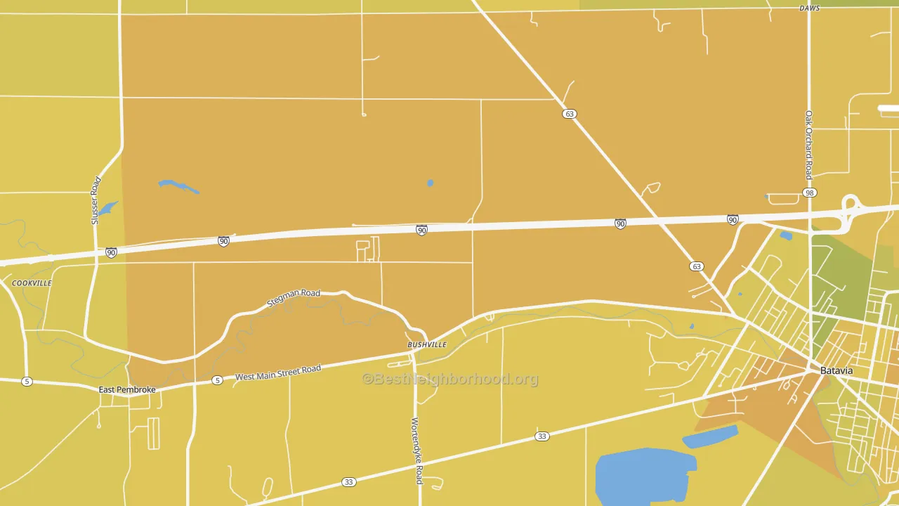 Map of the best neighborhoods in the Bushville area, with better matches in green and worse matches in red