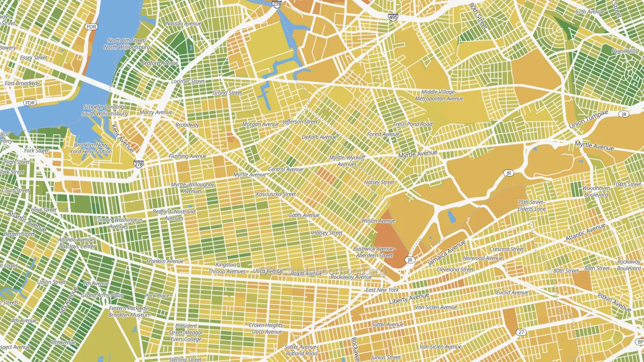 Map of the best neighborhoods in the Bushwick, Brooklyn area, with better matches in green and worse matches in red