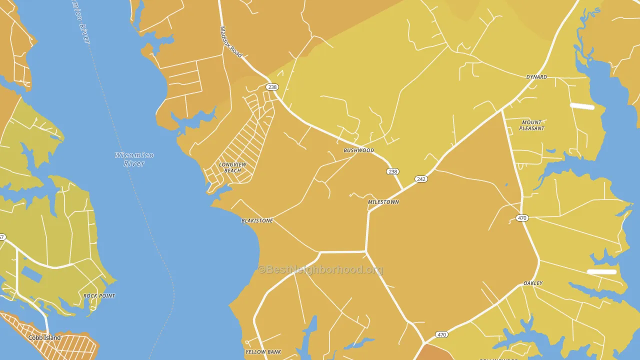 Map of the best neighborhoods in the Bushwood area, with better matches in green and worse matches in red