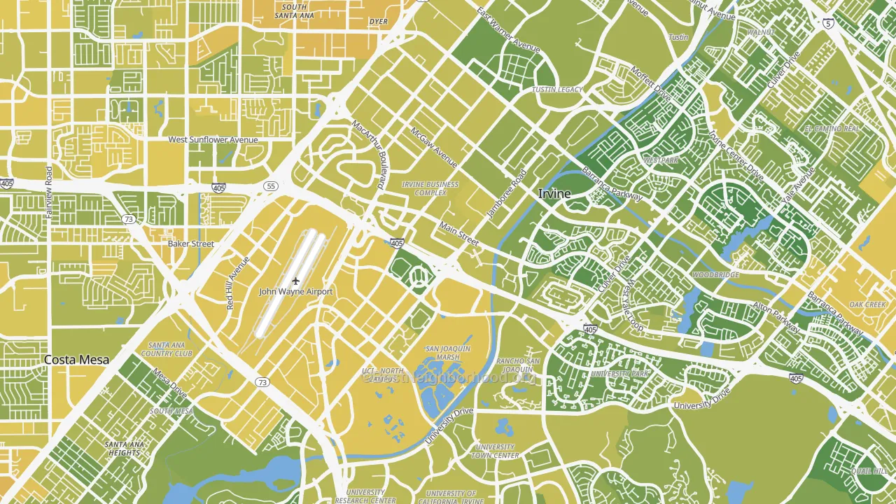 Map of the best neighborhoods in the Business District, Irvine area, with better matches in green and worse matches in red