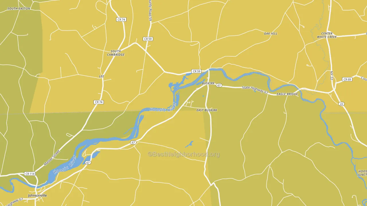 Map of the best neighborhoods in the Buskirk area, with better matches in green and worse matches in red
