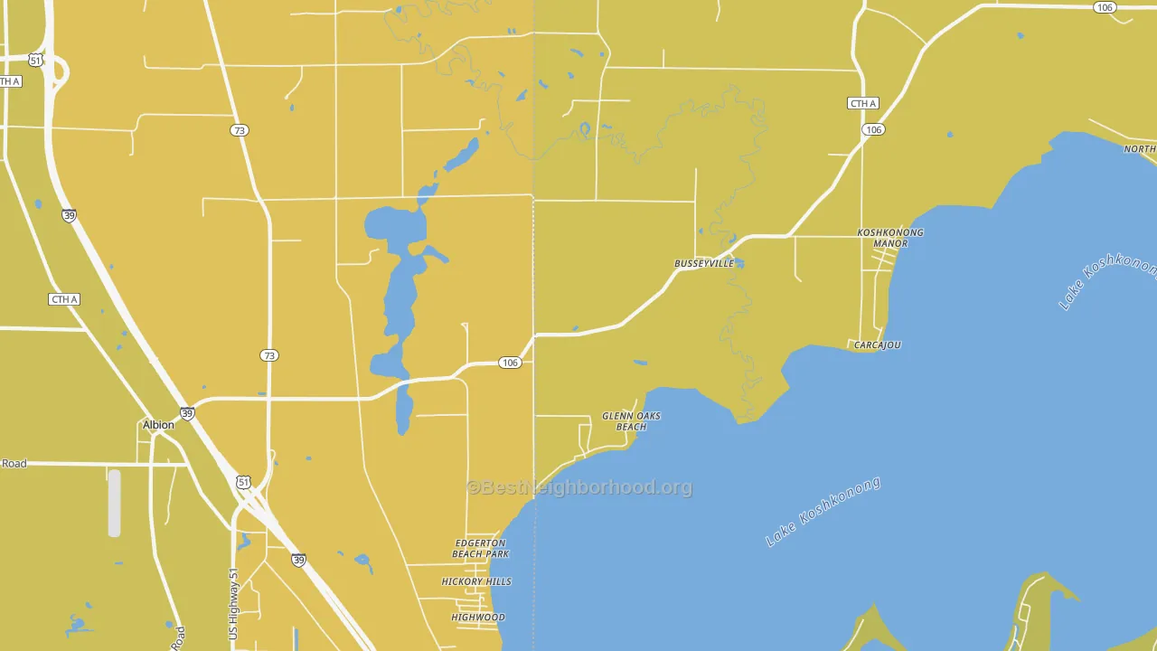 Map of the best neighborhoods in the Busseyville area, with better matches in green and worse matches in red