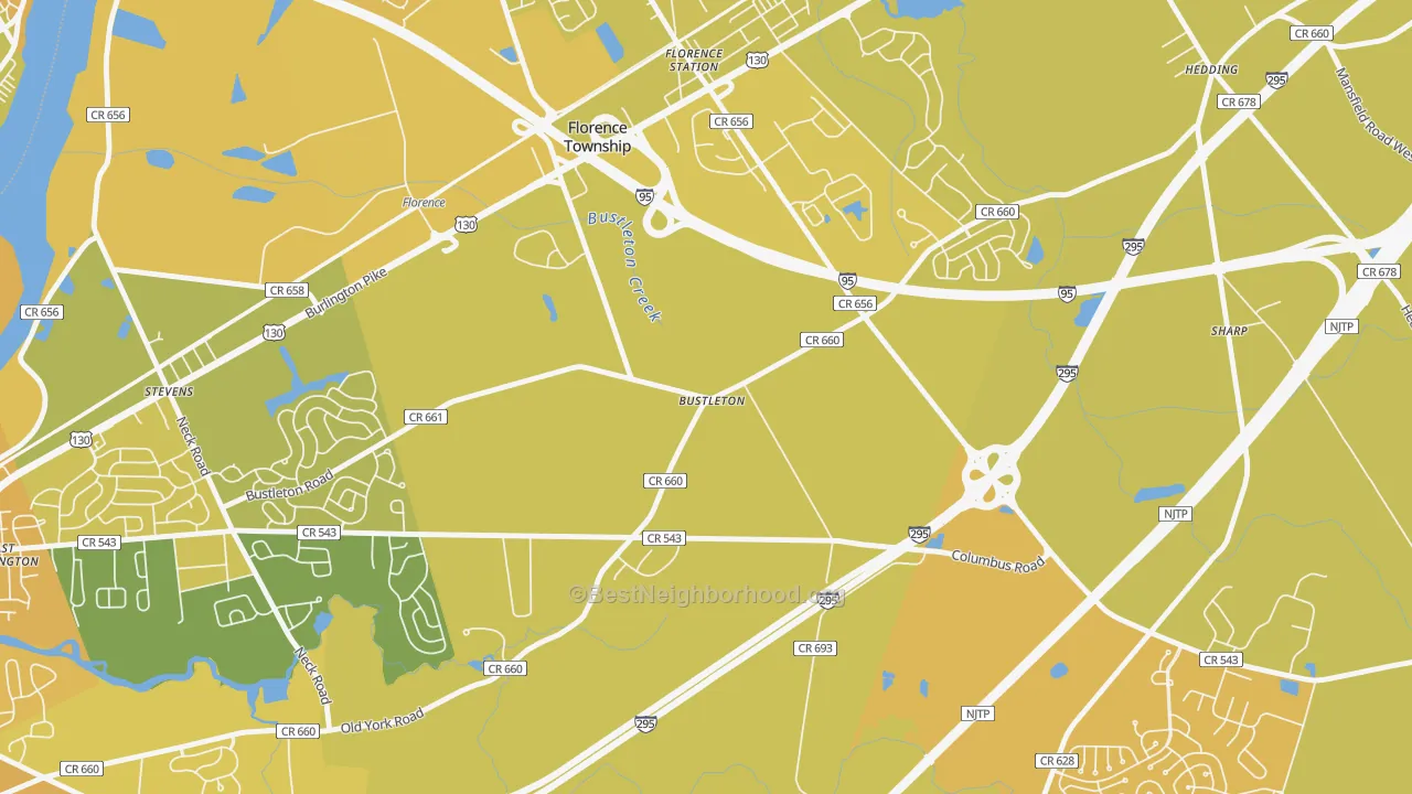 Map of the best neighborhoods in the Bustleton area, with better matches in green and worse matches in red