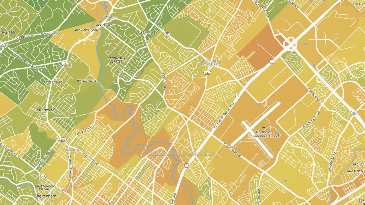 Map of the best neighborhoods in the Bustleton, Philadelphia area, with better matches in green and worse matches in red