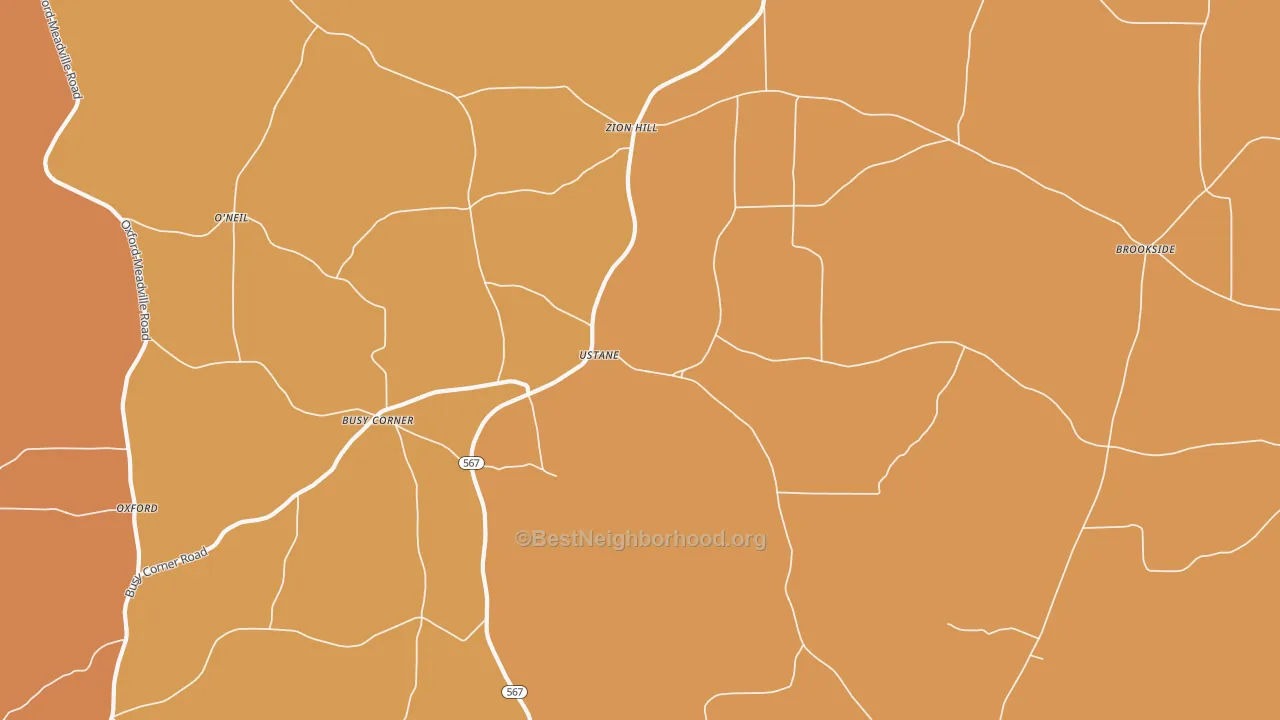 Map of the best neighborhoods in the Busy Corner area, with better matches in green and worse matches in red