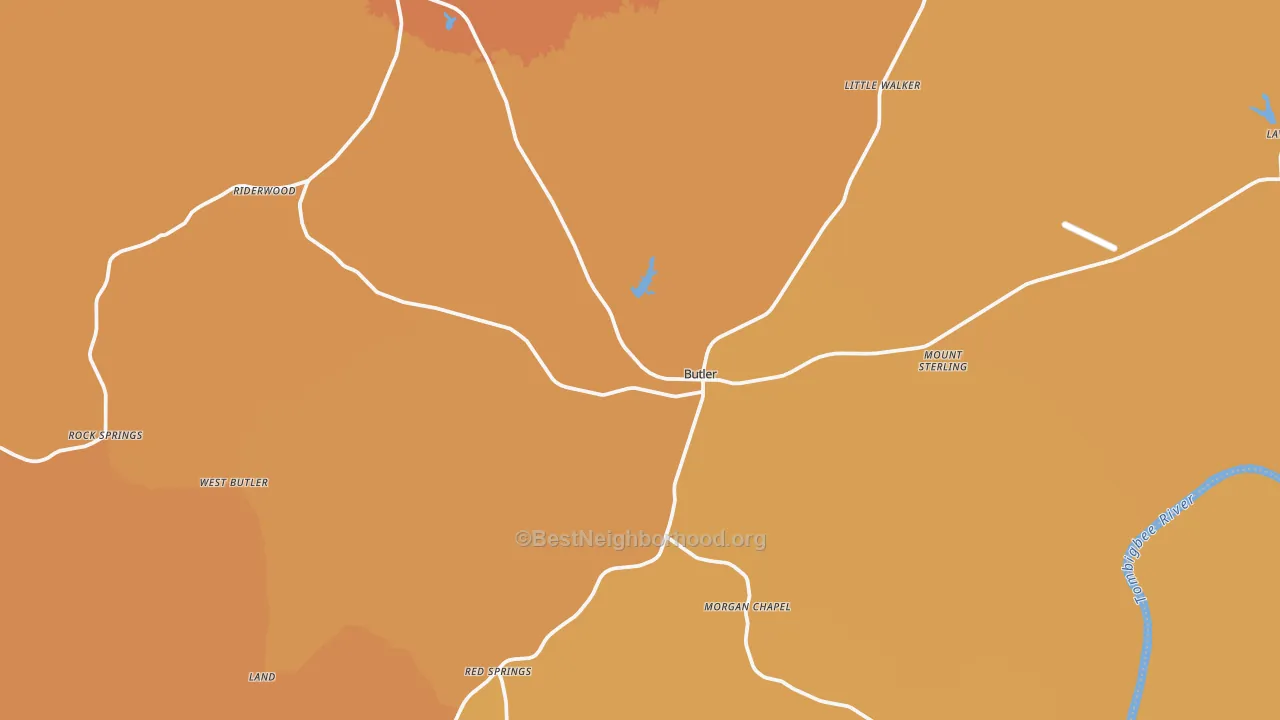 Map of the best neighborhoods in the Butler area, with better matches in green and worse matches in red