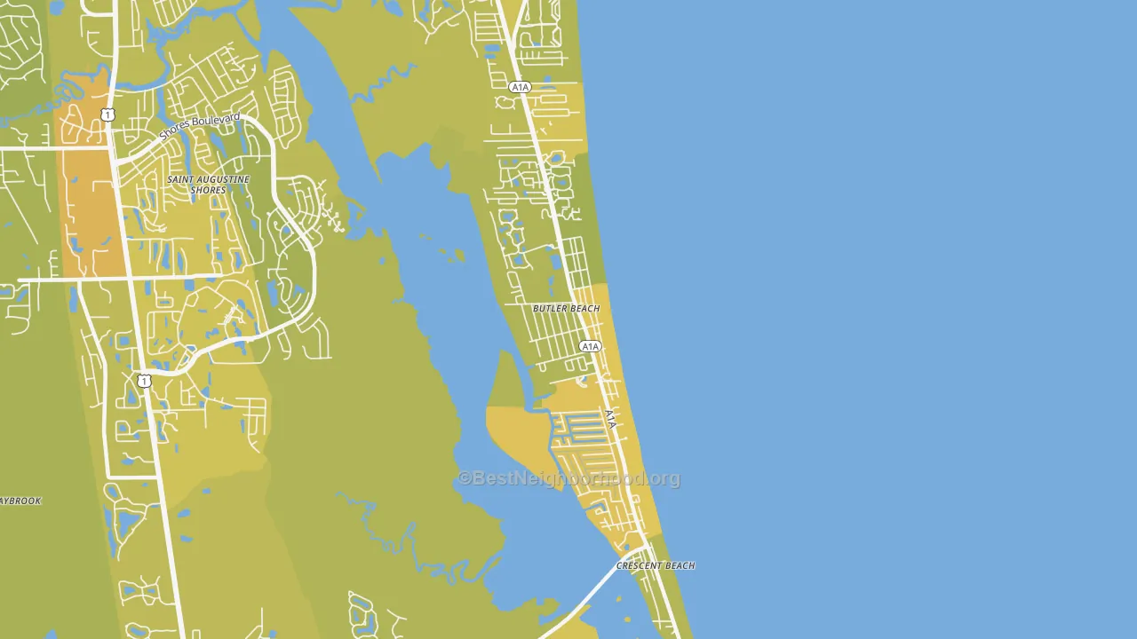 Map of the best neighborhoods in the Butler Beach area, with better matches in green and worse matches in red