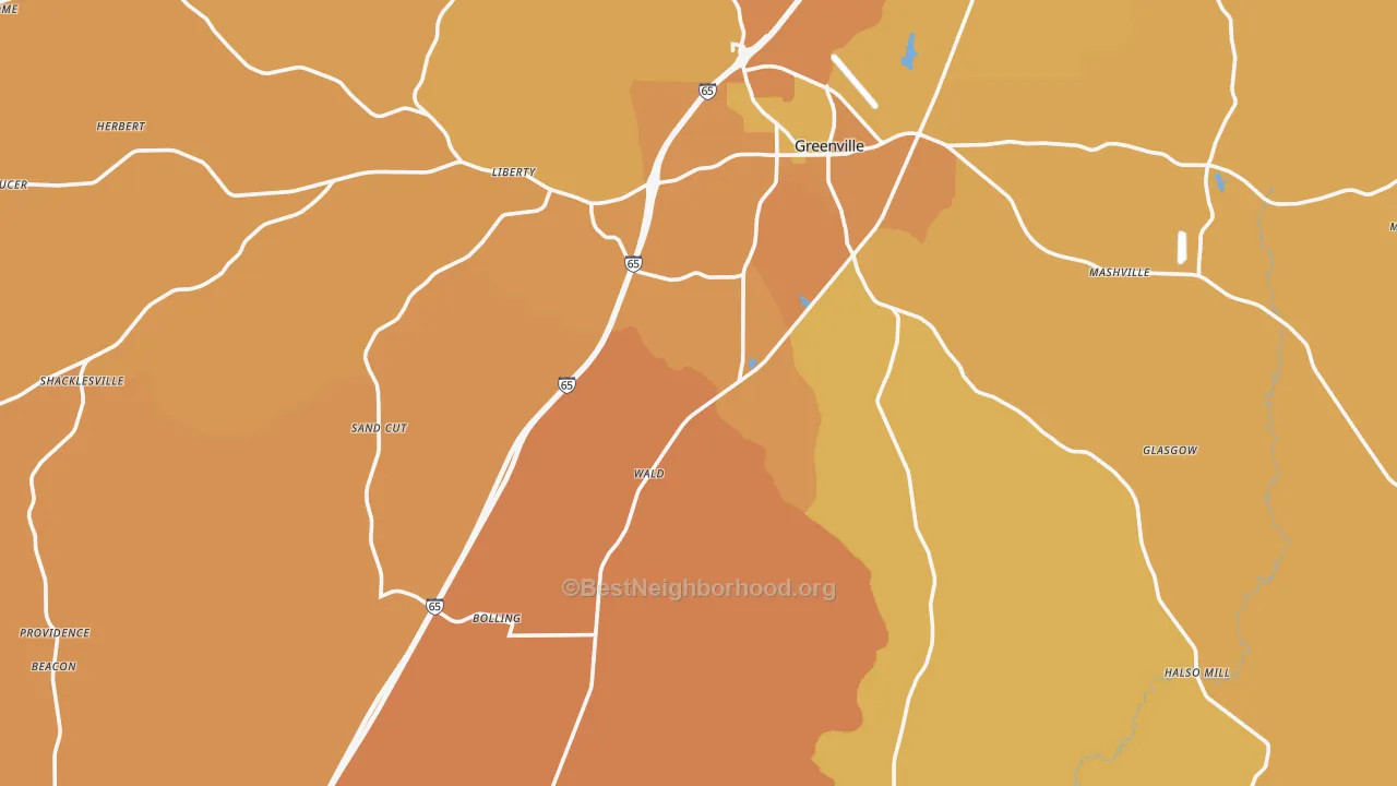 Map of the best neighborhoods in the Butler County area, with better matches in green and worse matches in red