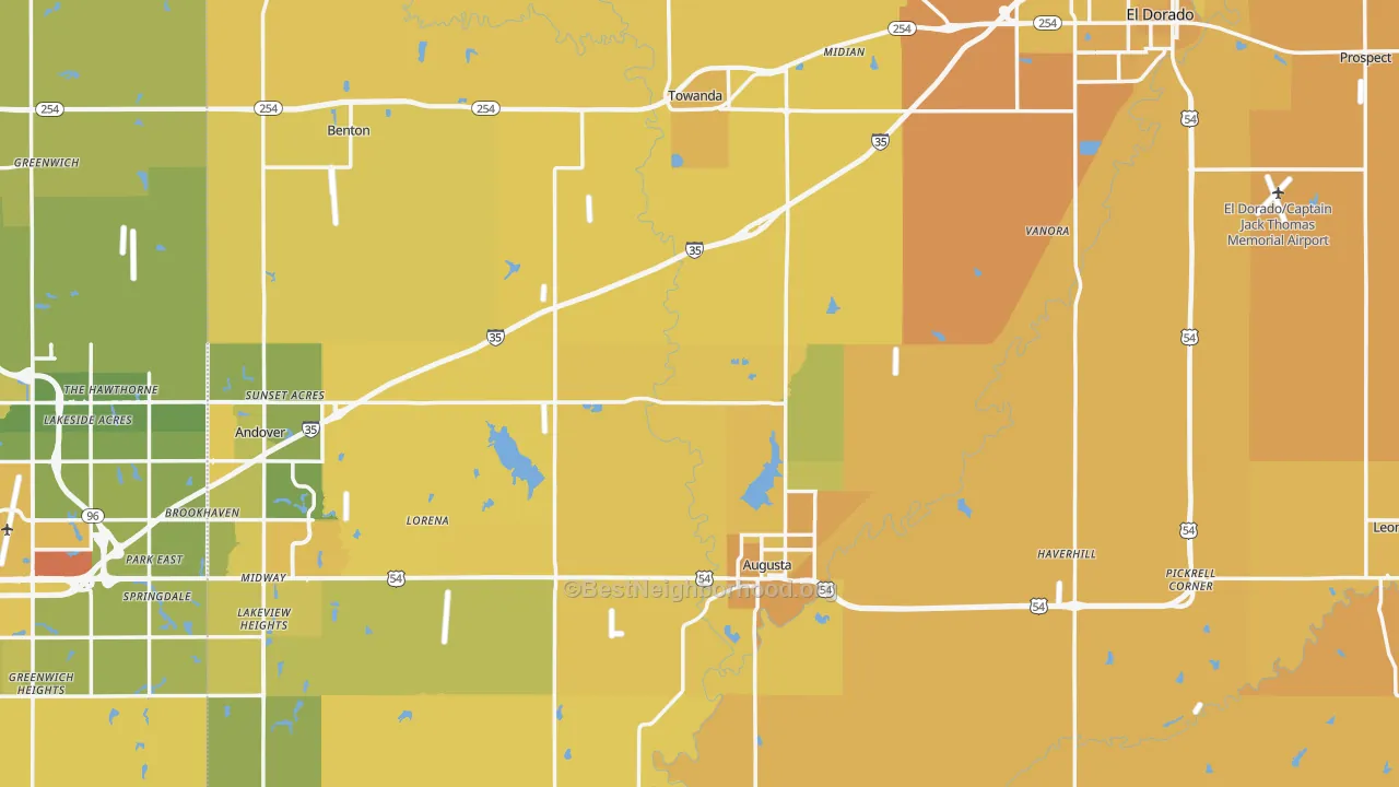 Map of the best neighborhoods in the Butler County area, with better matches in green and worse matches in red