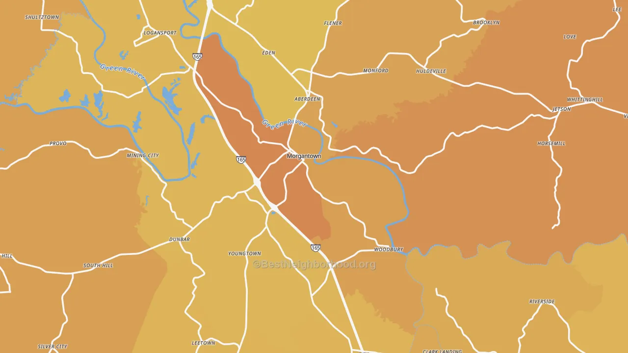 Map of the best neighborhoods in the Butler County area, with better matches in green and worse matches in red