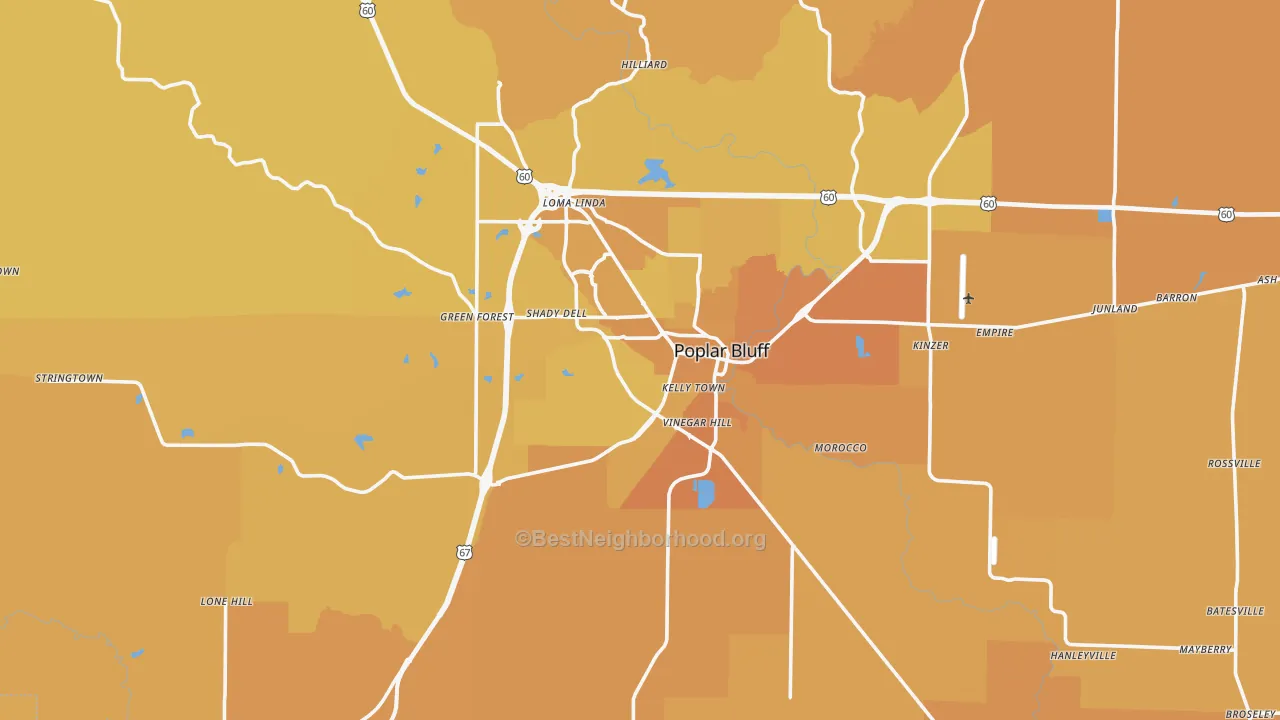 Map of the best neighborhoods in the Butler County area, with better matches in green and worse matches in red