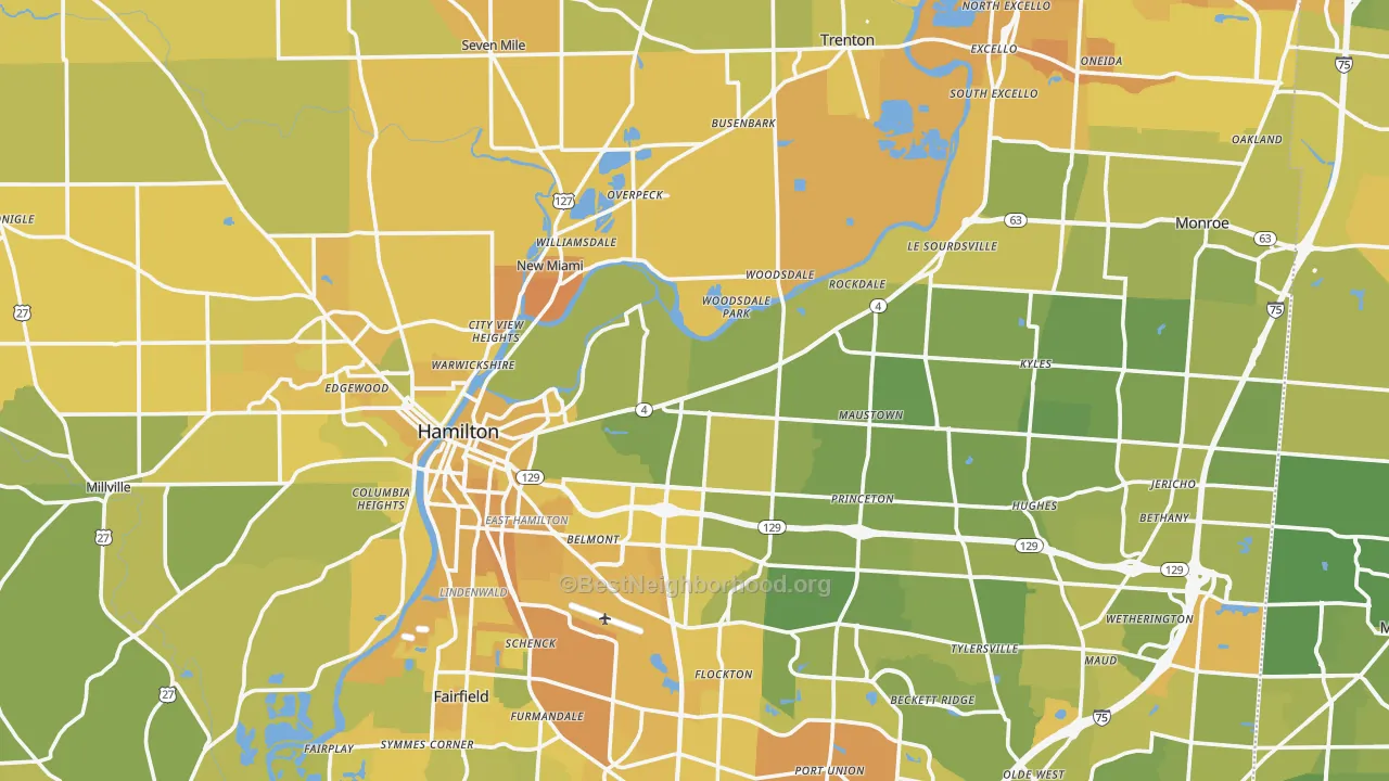 Map of the best neighborhoods in the Butler County area, with better matches in green and worse matches in red
