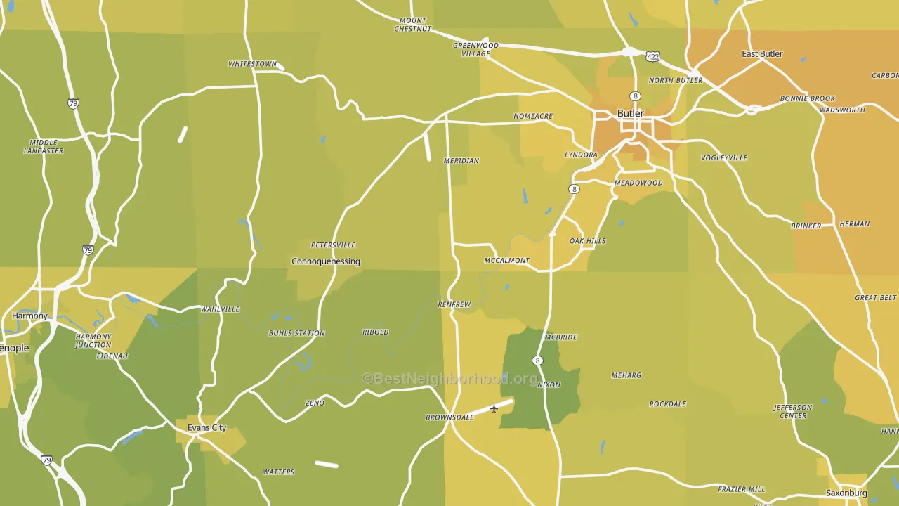 Map of the best neighborhoods in the Butler County area, with better matches in green and worse matches in red