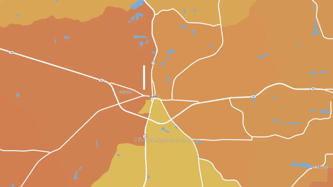 Map of the best neighborhoods in the Butler area, with better matches in green and worse matches in red