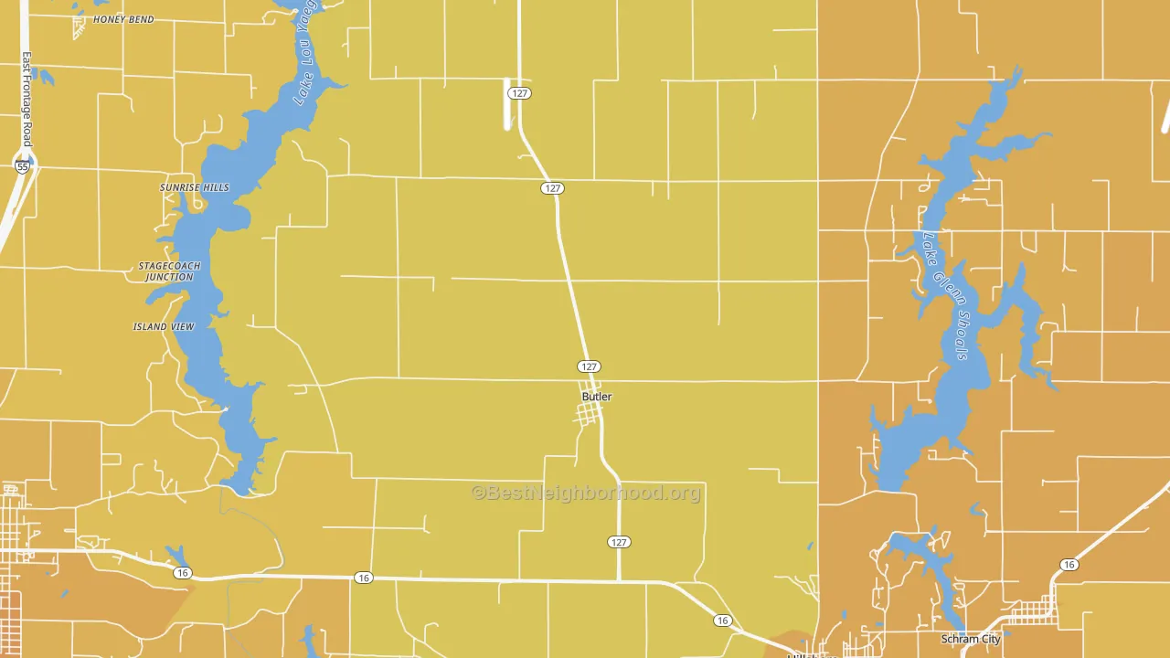 Map of the best neighborhoods in the Butler area, with better matches in green and worse matches in red