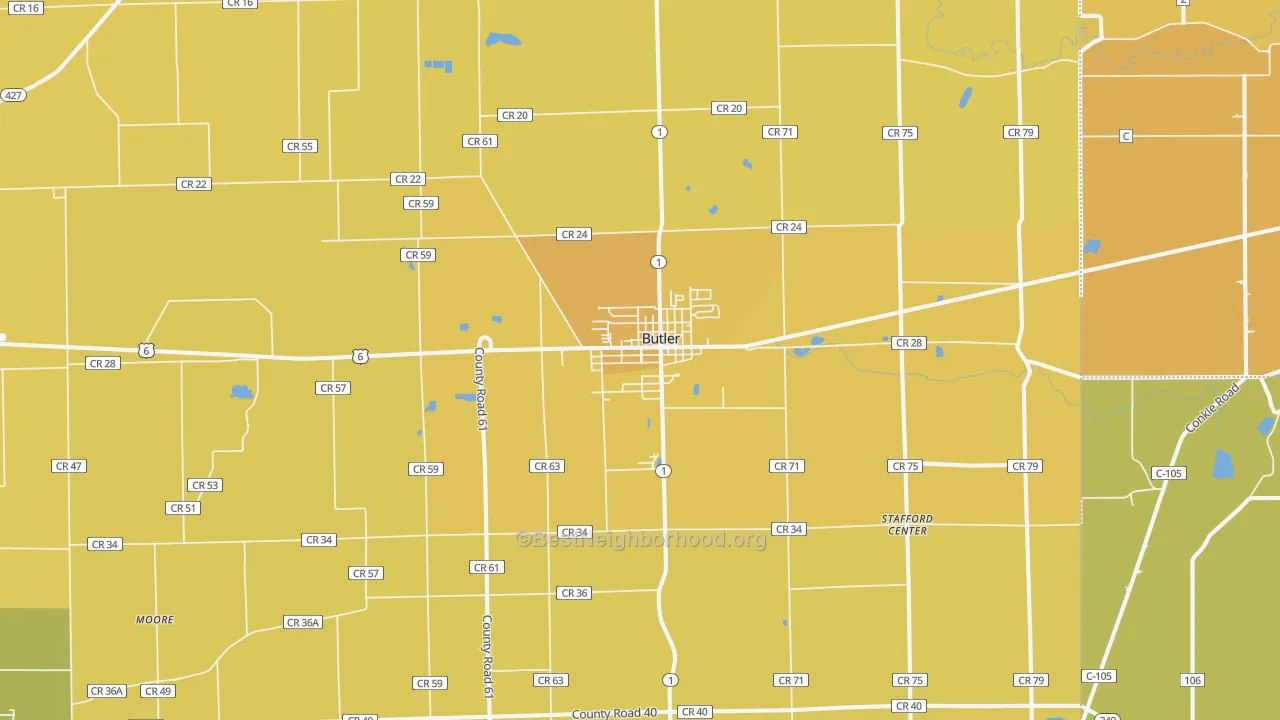 Map of the best neighborhoods in the Butler area, with better matches in green and worse matches in red