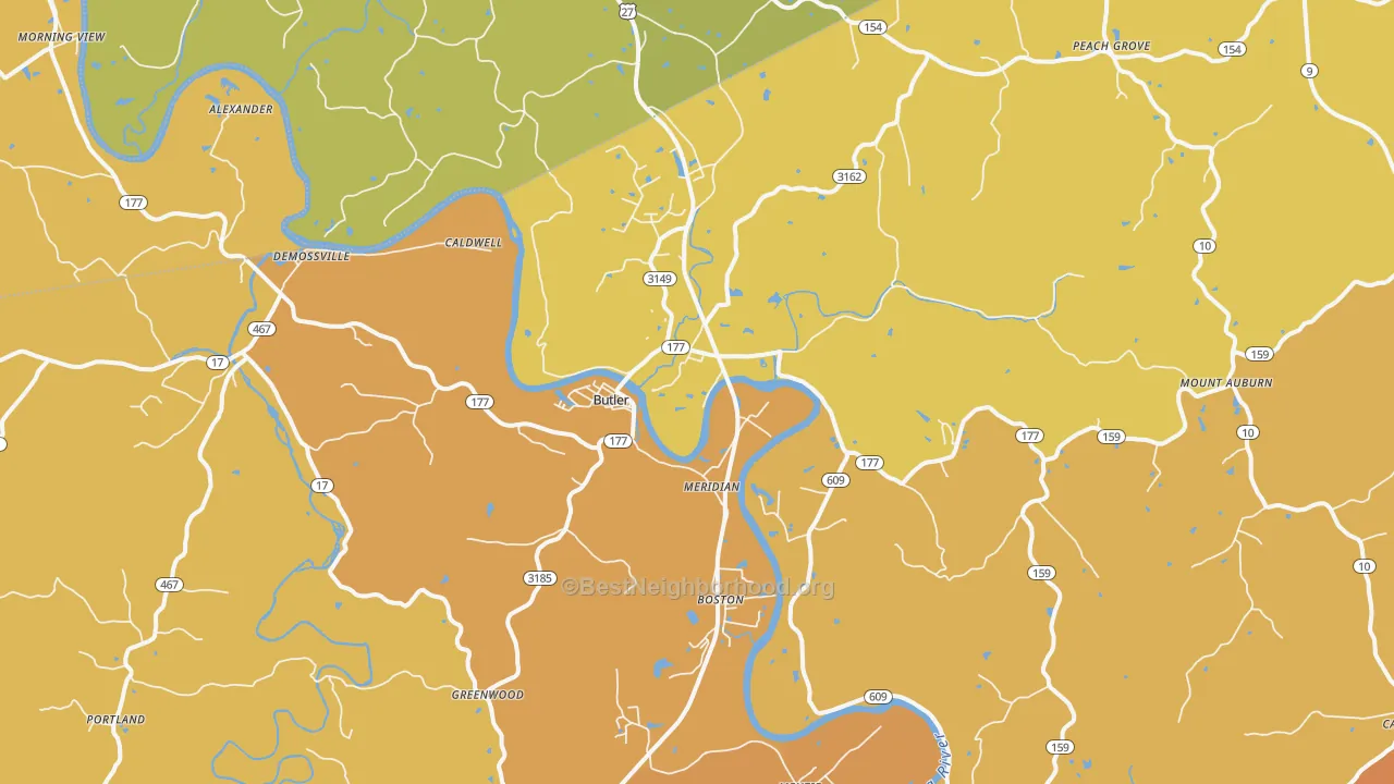 Map of the best neighborhoods in the Butler area, with better matches in green and worse matches in red