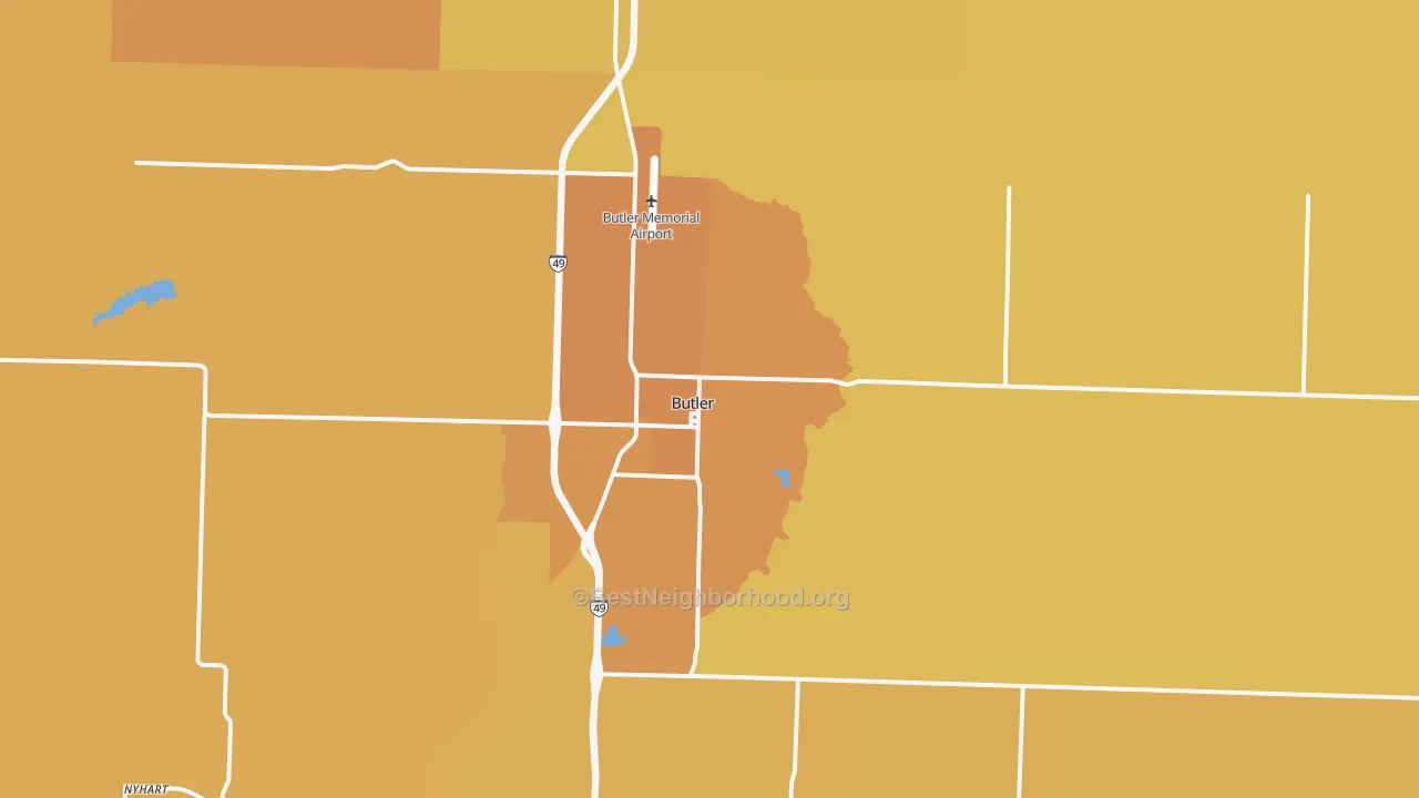 Map of the best neighborhoods in the Butler area, with better matches in green and worse matches in red