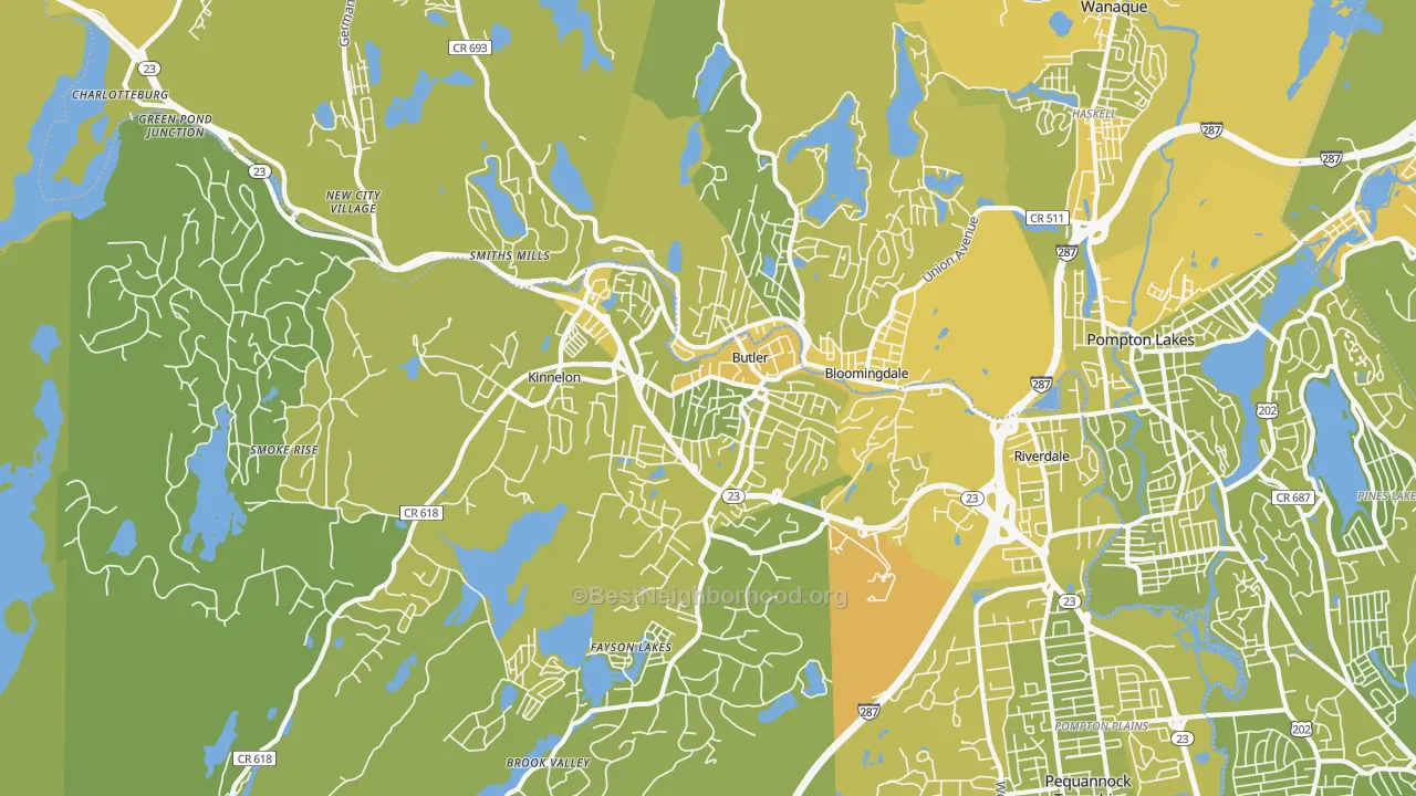 Map of the best neighborhoods in the Butler area, with better matches in green and worse matches in red