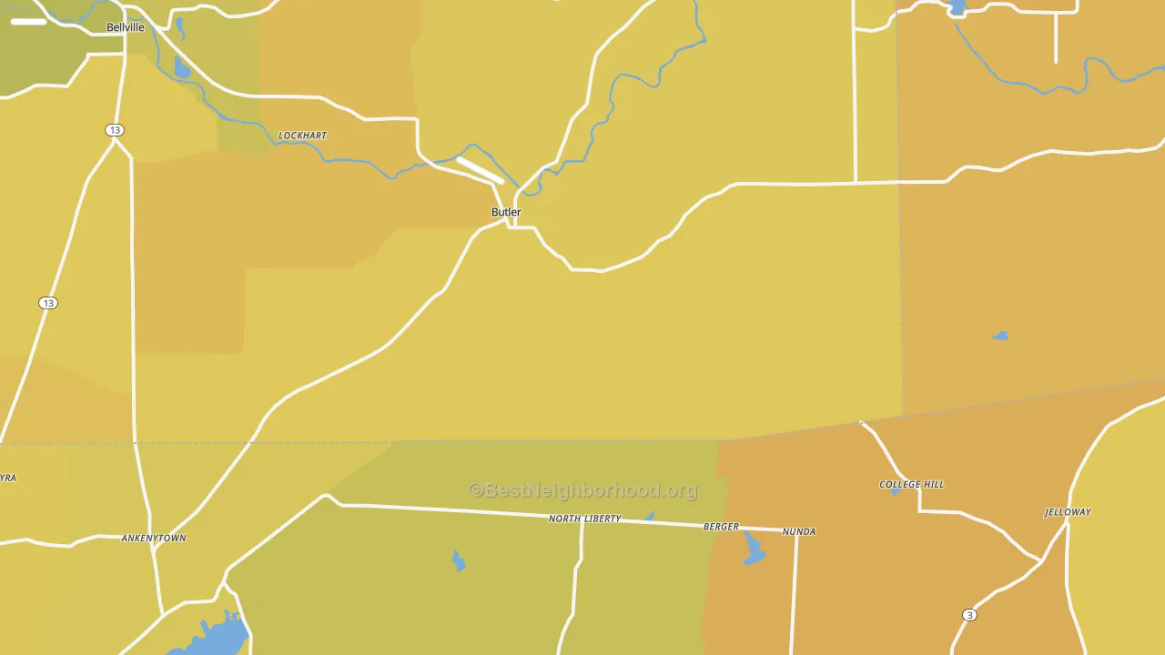 Map of the best neighborhoods in the Butler area, with better matches in green and worse matches in red