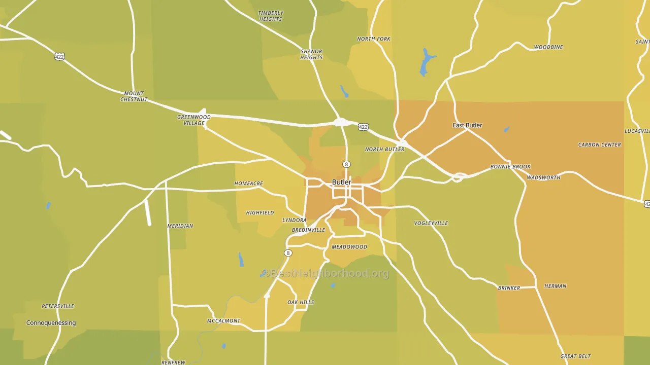 Map of the best neighborhoods in the Butler area, with better matches in green and worse matches in red
