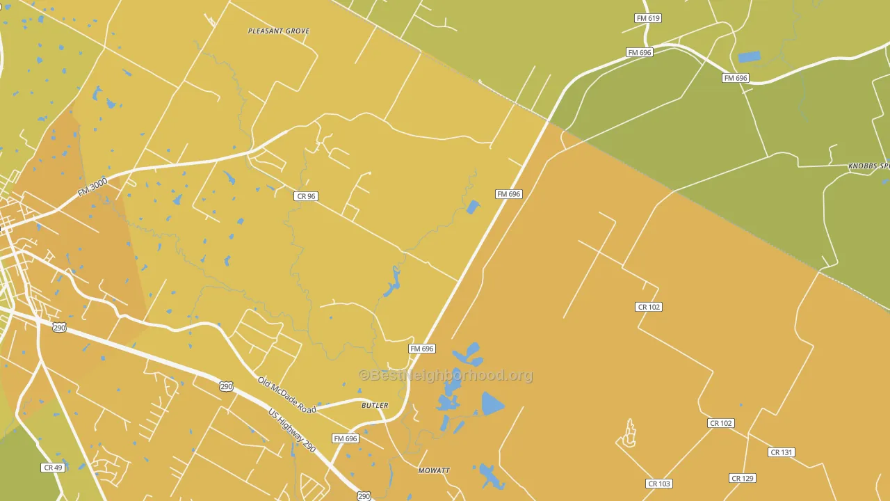 Map of the best neighborhoods in the Butler area, with better matches in green and worse matches in red
