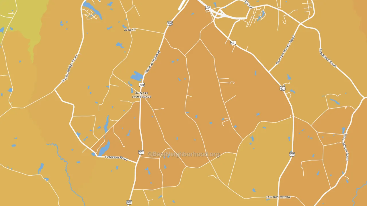 Map of the best neighborhoods in the Butlers Crossroads area, with better matches in green and worse matches in red