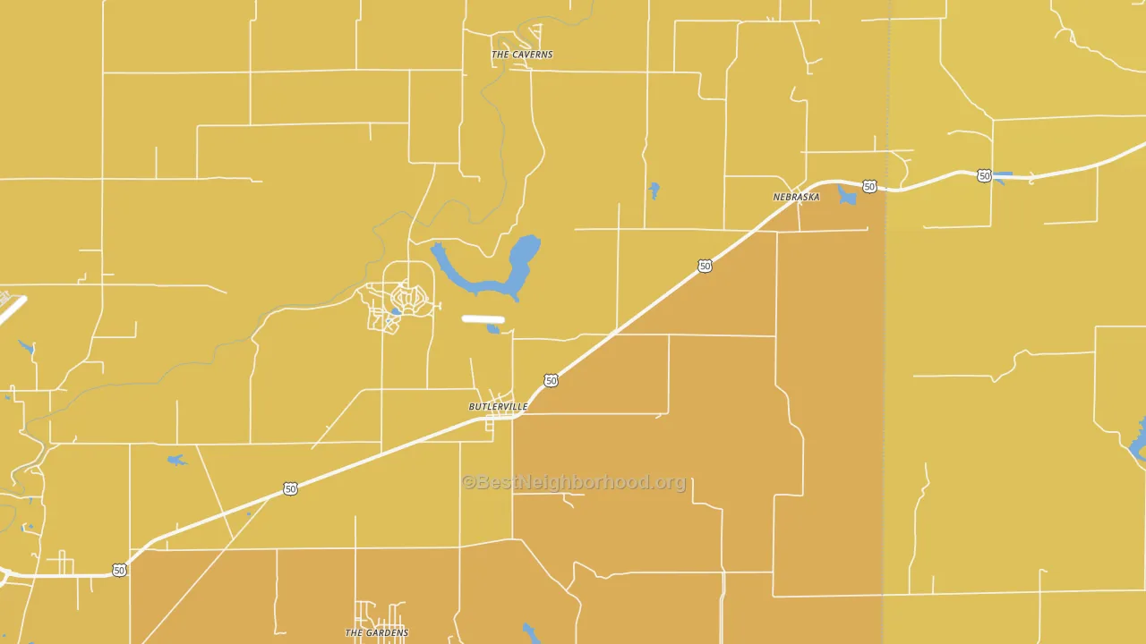 Map of the best neighborhoods in the Butlerville area, with better matches in green and worse matches in red