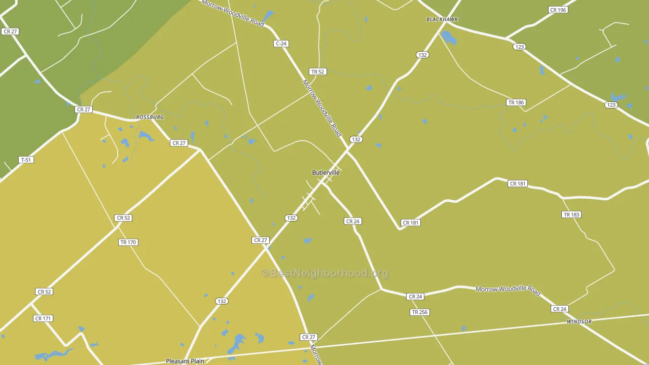 Map of the best neighborhoods in the Butlerville area, with better matches in green and worse matches in red