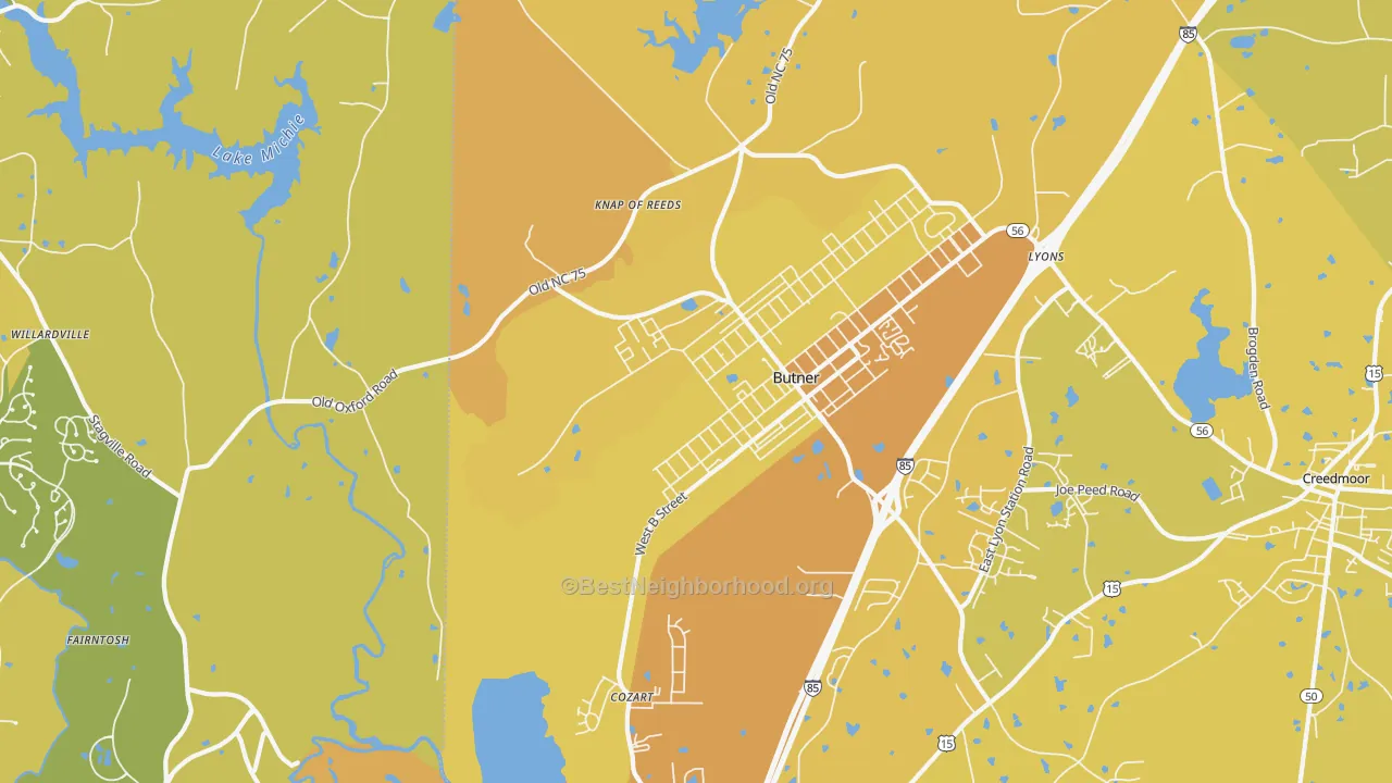 Map of the best neighborhoods in the Butner area, with better matches in green and worse matches in red
