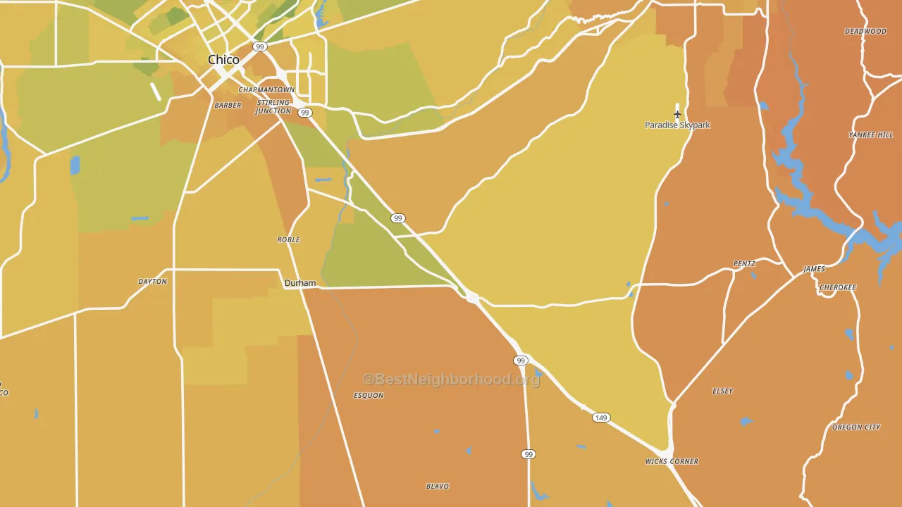Map of the best neighborhoods in the Butte County area, with better matches in green and worse matches in red