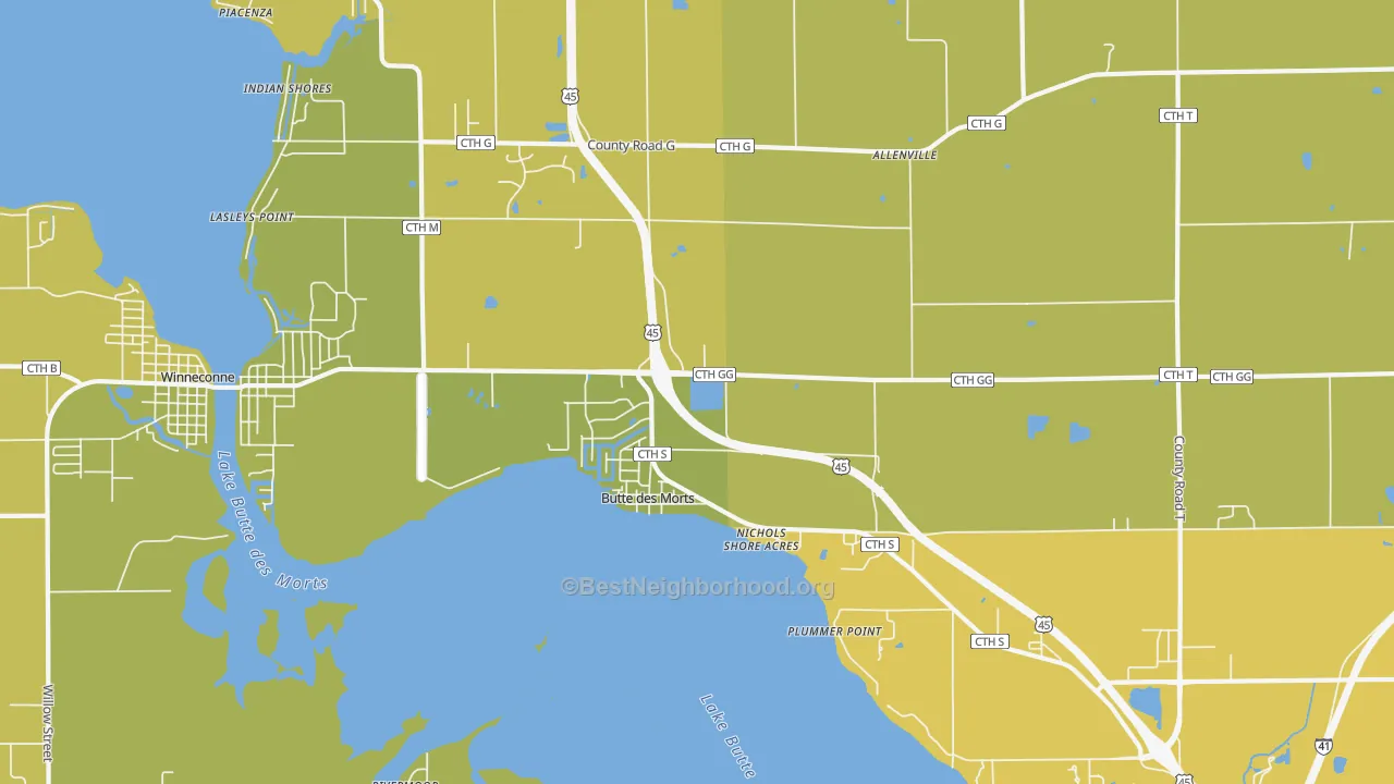 Map of the best neighborhoods in the Butte Des Morts area, with better matches in green and worse matches in red