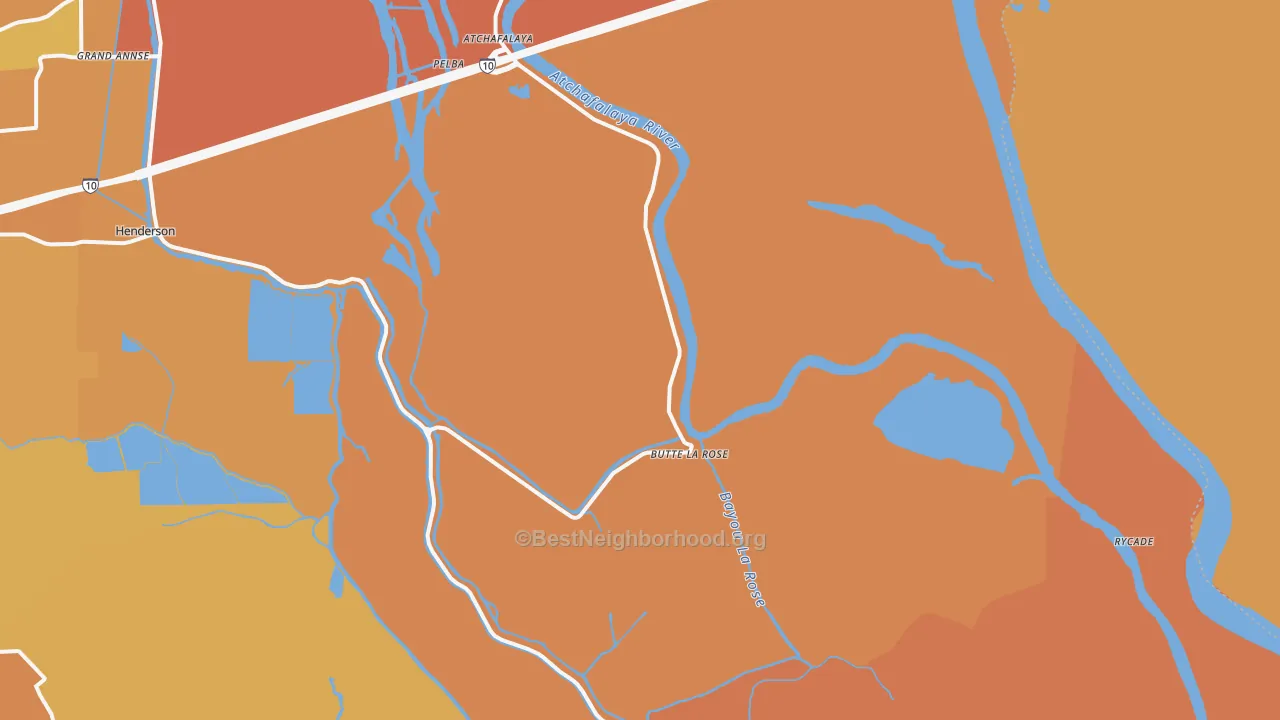 Map of the best neighborhoods in the Butte La Rose area, with better matches in green and worse matches in red
