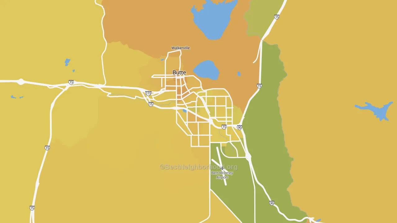 Map of the best neighborhoods in the Butte area, with better matches in green and worse matches in red