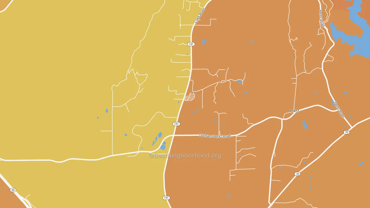 Map of the best neighborhoods in the Butte Valley area, with better matches in green and worse matches in red