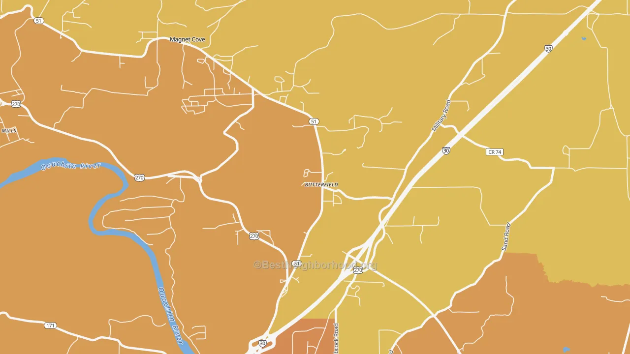 Map of the best neighborhoods in the Butterfield area, with better matches in green and worse matches in red