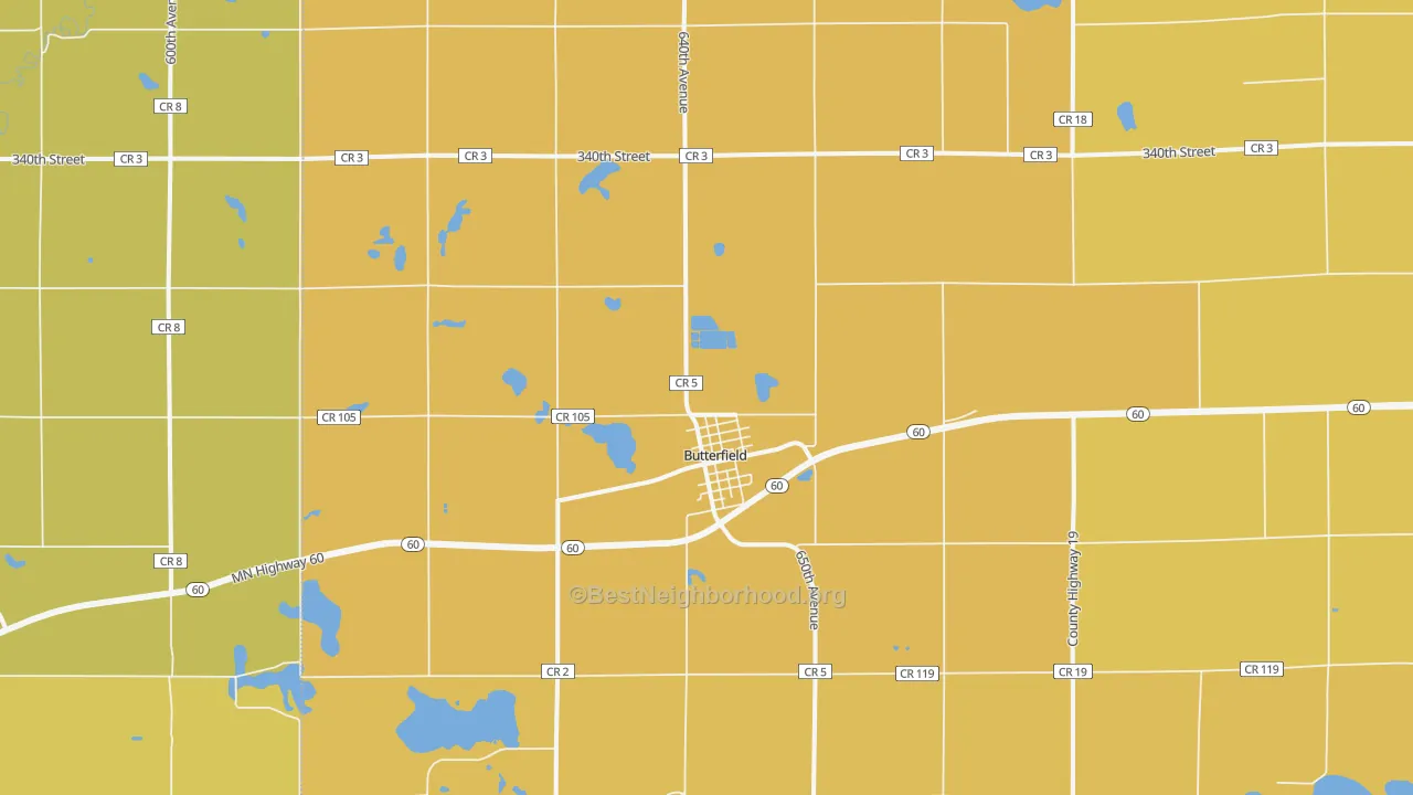 Map of the best neighborhoods in the Butterfield area, with better matches in green and worse matches in red