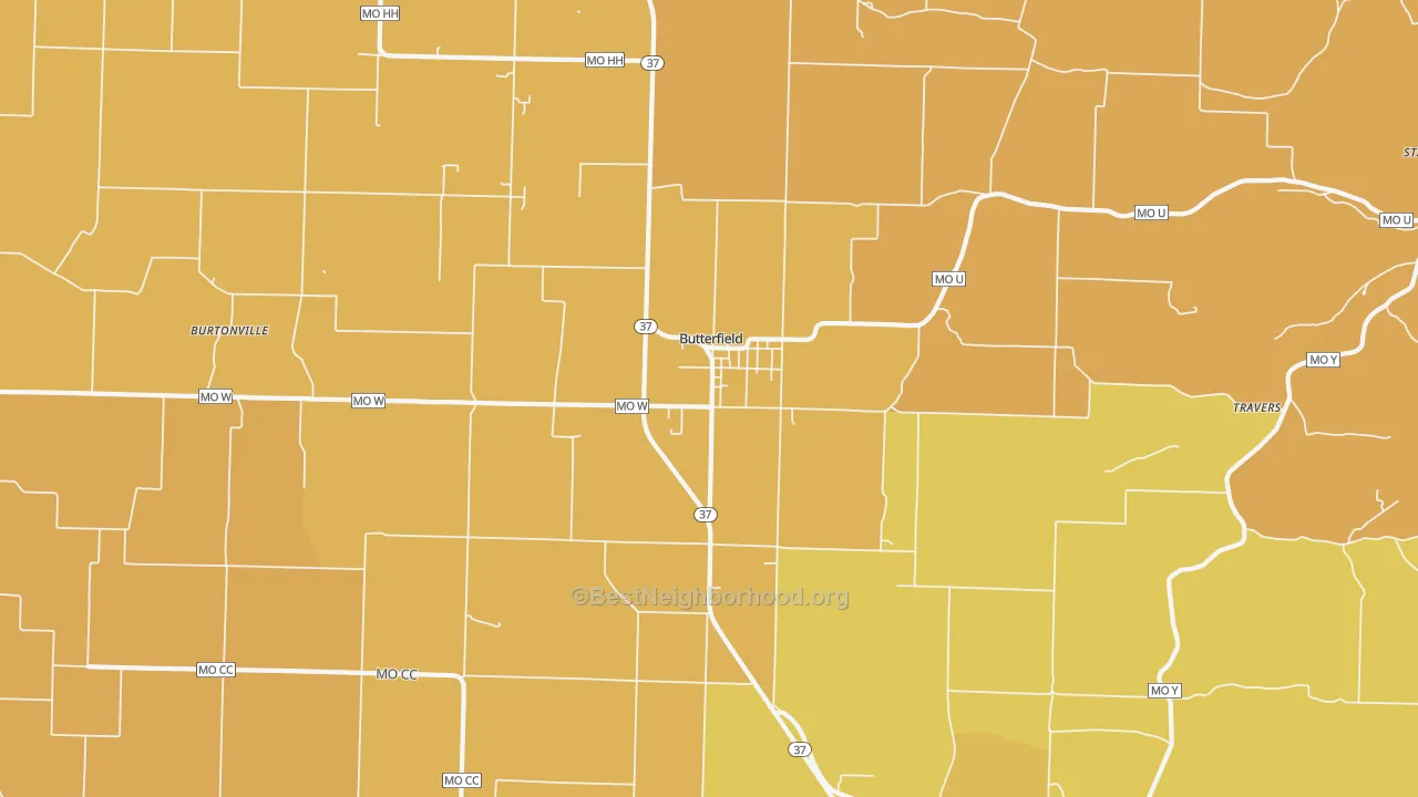 Map of the best neighborhoods in the Butterfield area, with better matches in green and worse matches in red