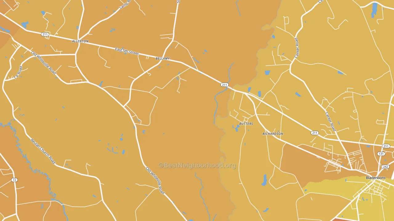 Map of the best neighborhoods in the Butters area, with better matches in green and worse matches in red