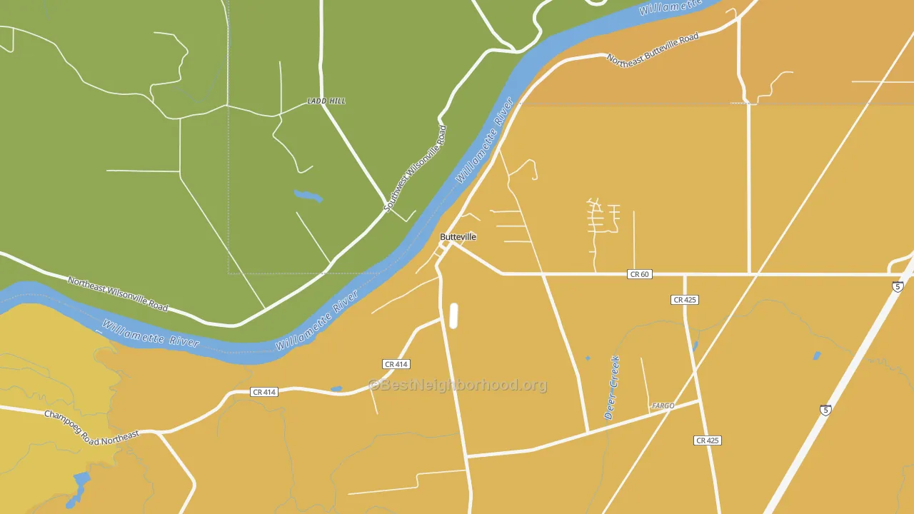 Map of the best neighborhoods in the Butteville area, with better matches in green and worse matches in red