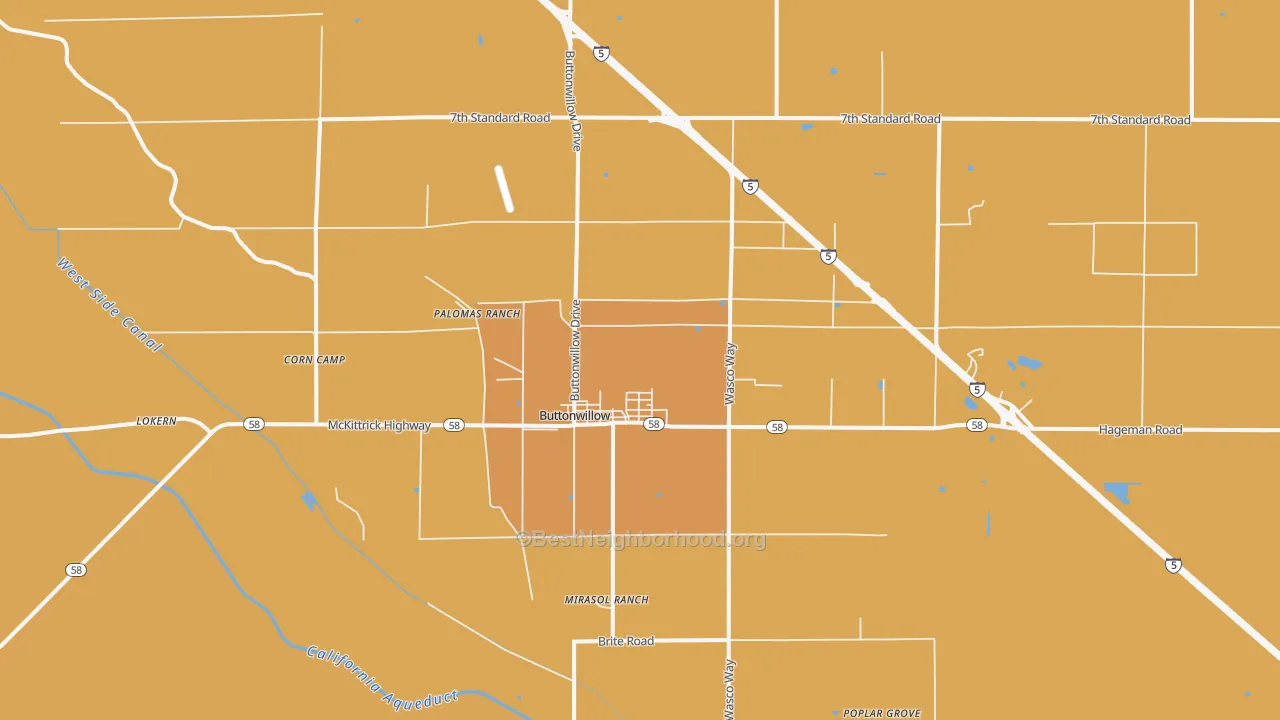 Map of the best neighborhoods in the Buttonwillow area, with better matches in green and worse matches in red