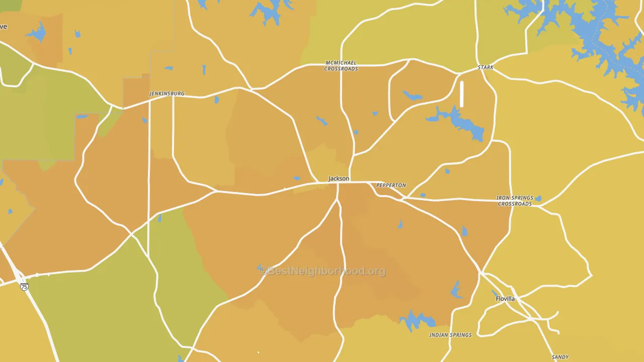 Map of the best neighborhoods in the Butts County area, with better matches in green and worse matches in red