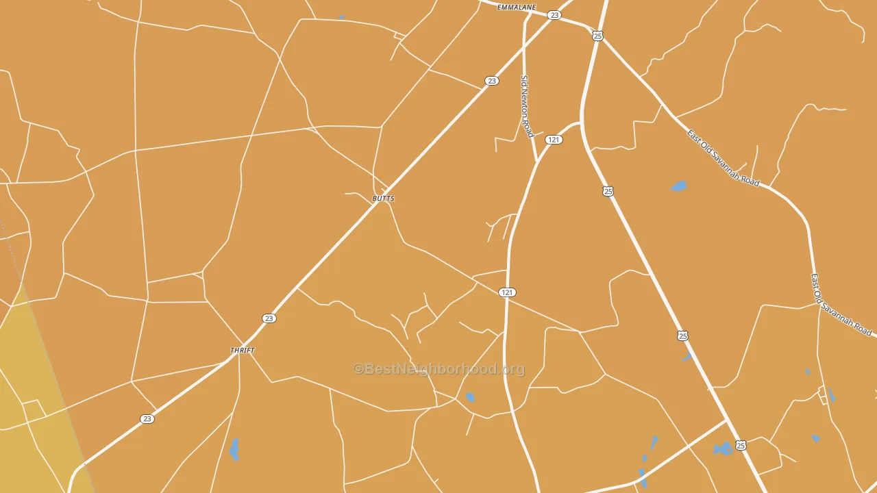 Map of the best neighborhoods in the Butts area, with better matches in green and worse matches in red