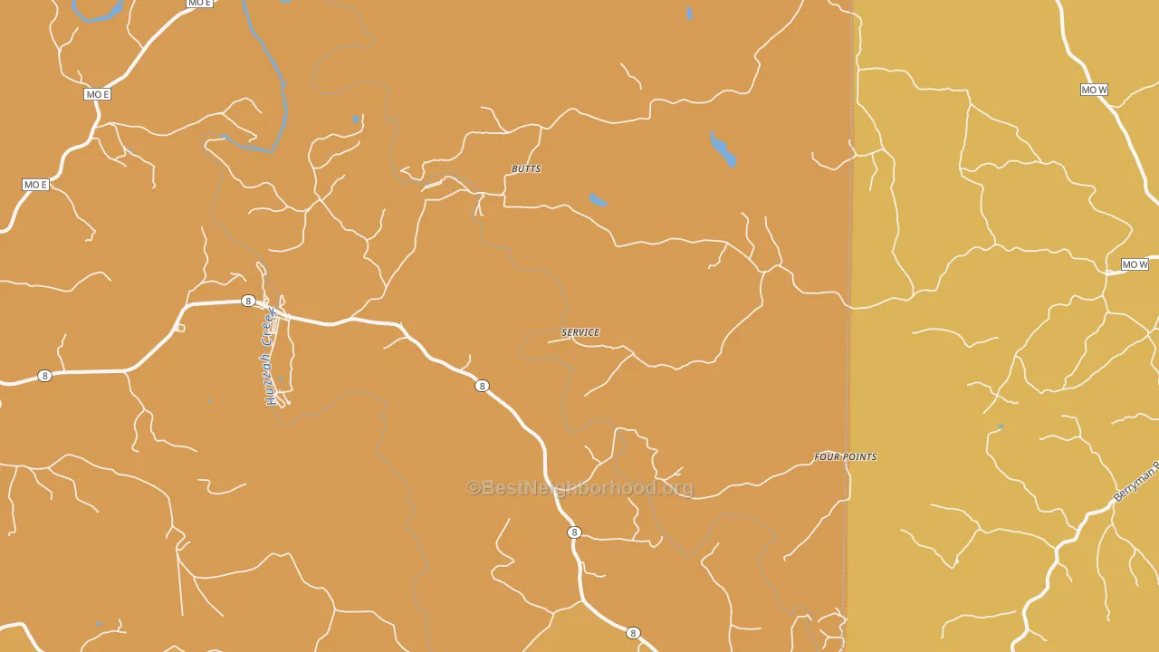 Map of the best neighborhoods in the Butts area, with better matches in green and worse matches in red