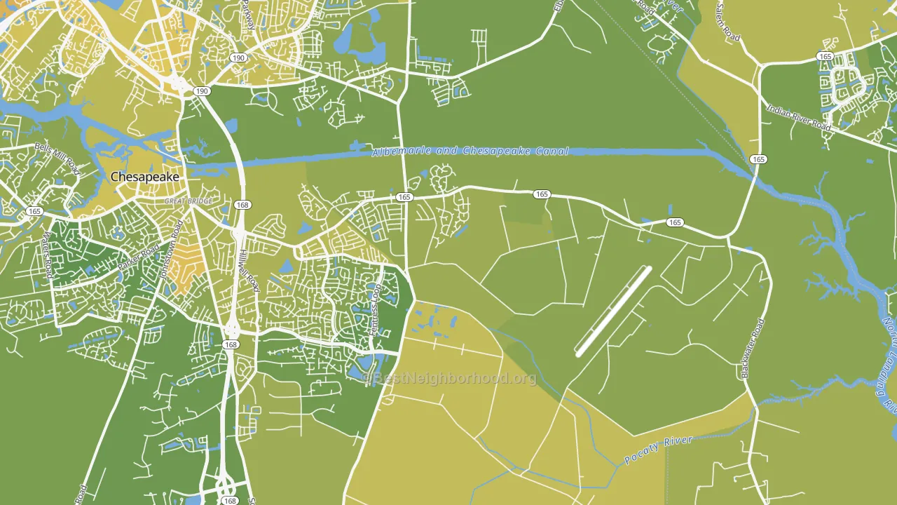 Map of the best neighborhoods in the Butts Station, Chesapeake area, with better matches in green and worse matches in red