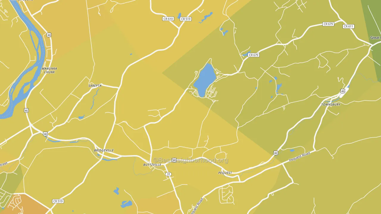 Map of the best neighborhoods in the Buttzville area, with better matches in green and worse matches in red
